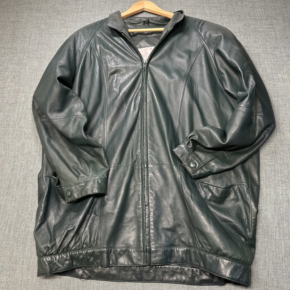 EWEAR Bomber Jacket Men 2XL Green Good Vintage 2000s Leather Zip Pockets